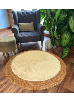 Buy Handmade Natural Jute Rug with Fluffy Wool Surface | Soft Round Area Rug for Living Room & Bedroom | 100 cm Beige in UAE