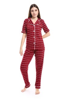 Buy Long Sleeves Pajama Set With Buttons _ Dark Red & White in Egypt