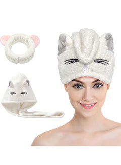 Buy Hair Drying Towel, Microfiber Hair Towel Wrap with Cat Ears, Women's Quick Dry Hair Cap for Women and Kids Girls, Super Fast Absorbent Quick Dry Bath Shower Dry Head Bandana with Buttons in Saudi Arabia