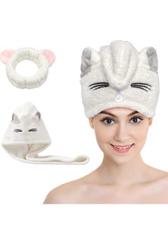 Buy Hair Drying Towel, Microfiber Hair Towel Wrap with Cat Ears, Women's Quick Dry Hair Cap for Women and Kids Girls, Super Fast Absorbent Quick Dry Bath Shower Dry Head Bandana with Buttons in UAE