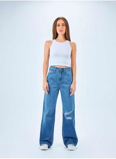 Buy High-Waist Medium Wash Ripped Straight Wide Leg Jeans. in Saudi Arabia