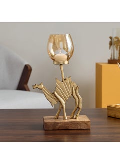 Buy Rayon Aluminium Camel Tealight Holder with Wooden Base 19 x 10 x 32.5 cm in Saudi Arabia