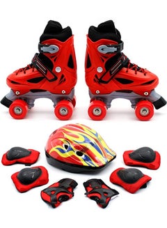 Buy Roller Skates Adjustable Size Double Row 4 Wheel Skates for Children Skates for Boys And Girls Including Full Protective Gear Red Colour in UAE