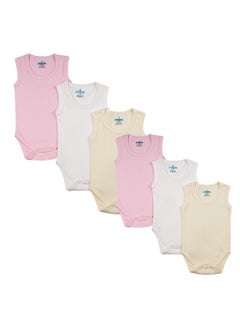 Buy BabiesBasic 100% Super Combed Cotton, SleeveLess Romper/Bodysuit, for New Born to 24months. Set of 6 - Pink, Lemon, Cream in UAE
