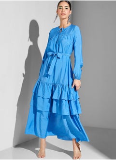 Buy Ruffle Tiered Dress with Tie Neck in UAE