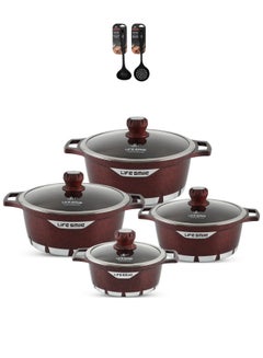 Buy Cookware Set 10 pieces - Cooking Pot set Oven Safe, Granite Non Stick Coating 100% PFOA FREE, Die Cast aluminum Cooking Set include Casseroles And Silicone Utensils|20/24/28/32CM| (Red) in UAE