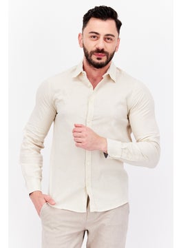 Buy Men Spread Collar Long Sleeves  Plain Casual Shirts, Beige in UAE