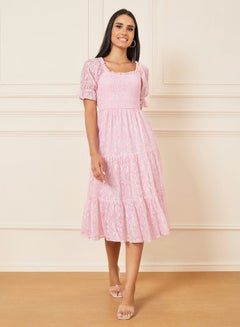 Buy Smocked Detail All Over Lace Tiered Midi Dress in Saudi Arabia