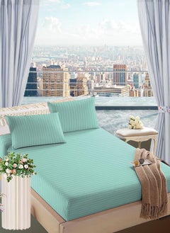 Buy Sky Blue Striped King Bed Sheet Sets Cotton 3 Piece Set Deep Pocket 200x200+35cm in UAE