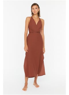 Buy Dark Brown Midi Woven Back Low-cut Beach Dress TBESS22EL0727 in Egypt