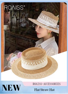 Buy Women's Retro Wide-brimmed Flat Straw Hat, Sun Protection Panama Round Hat, Summer Beach Hat Suitable for Seaside Vacation Travel in Saudi Arabia