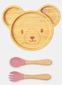 Buy Wooden Bamboo Cartoon Dinner Plate Silicone Suction With Silicone Bamboo Spoon Fork Set for Baby Feeding: Teddy Design - Pink in UAE