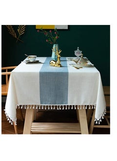 اشتري Table Cloth Wrinkle Free Tablecloth Cotton Linen Tablecloths Rectangle Table Cloths Tassle Tablecloth Table Cloth For Kitchen Dining Outdoor Table (Beige Blue Stripe 55X70 Inch) في الامارات