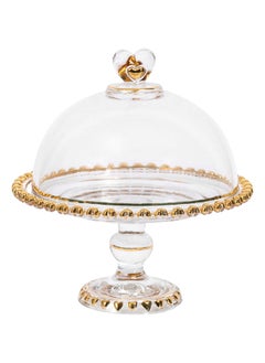 اشتري Footed Serving Platter With Dome Cover Clear/Gold 23x19.5 cm في الامارات