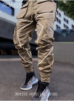 اشتري Fashion Print Men Cargo Trousers  Multiple Pocket Design  Sports Trousers Reflective Tape Design  Velcro Feet Breathable Fabric  Solid Color في الامارات