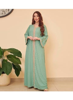 Buy Stylish Light Green Gold Stamped Muslim Dubai abaya Jalabiya in UAE