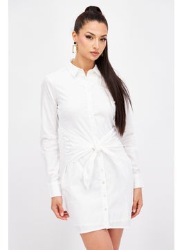 Buy Women Plain Mini Shirt Dress With Tie Waist, White in UAE