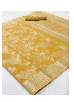 Buy Yellow Silk Saree with Zari And Lakhnavi Work Plus Unstitched Blouse in UAE