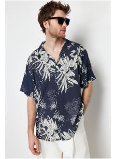 Buy Navy Blue Oversize Fit Leaf Printed 100% Viscose Short Sleeve Flowy Summer Shirt TMNSS24GO00044 in Egypt