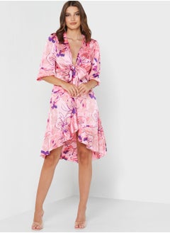 Buy Plunge Neck Tie Detail Floral Printed Dress in Saudi Arabia