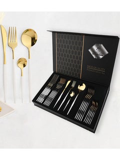 Buy 24 Pcs Stainless Steel Two Tone Luxury Sleek White Gold Plated Kitchen High Quality Cutlery Tableware Set Fork Spoon Knife in Velvet Gift Kraft Box in UAE