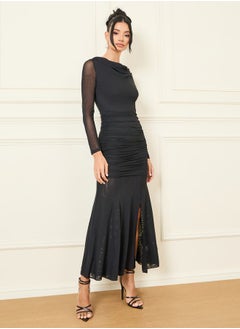 Buy Ruched Detail Mesh A-Line Maxi Dress with Front Slit in Saudi Arabia