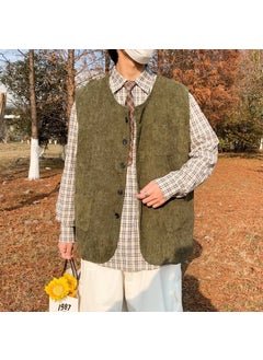 Buy Retro Corduroy Vest Men Japanese Collarless Casual Waistcoat Green in UAE