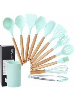 اشتري 11- Piece Wooden Handle Non Stick Cookware Spoon Set Mint green في مصر