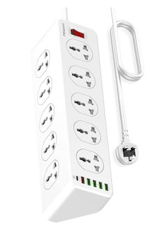 Buy 10 Way Power Extension Cord Surge Protector Strip Heavy Duty Universal Electrical Socket 5x USB-A 1x USB-C PD 30W Total 2M Cable in UAE