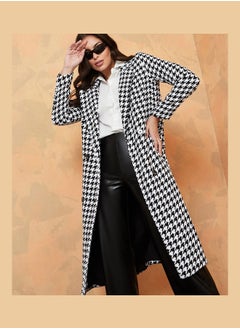 Buy Midi Length Houndstooth Pattern Tweed Regular Fit Coat in Saudi Arabia