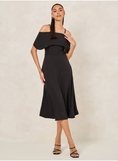 Buy Solid Cold Shoulder Sleeves Flare A-Line Midi Dress in Saudi Arabia