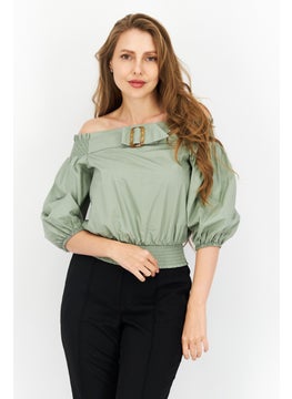 Buy Women Off Shoulder Long Sleeve Plain Top, Sage Green in UAE