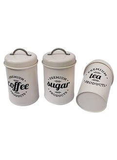 اشتري Tea Coffee Sugar Set 3-Piece Sealed Kitchen Food Jar Metal Storage Container Cookie Jar Candy Cookies Onion with Lid and Handle (White) في السعودية