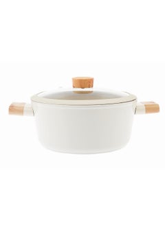 Buy Swiss Crystal High Quality Ceramic Coating Non-Stick Casserole - 24cm- Glass Lid With Protective Silicon Edge - Natural Wood Handles and Knob - Beige in UAE