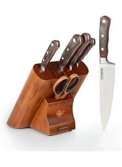 Buy Knife Set - LIFE SMILE Knife Set 7 Pieces Carbon Stainless Steel Knife Set with Wooden Block - Ergonomic fix Handle for Ultra Sharp Chef Knife Set - Dishwasher safe kitchen knives (Brown) in UAE