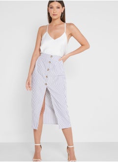 Buy Front Split Striped Button Detail Skirt in UAE