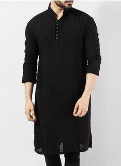 اشتري Men's Muslim Robe Thobe Solid Color Stand Collar Long Sleeve Kaftan Black في السعودية