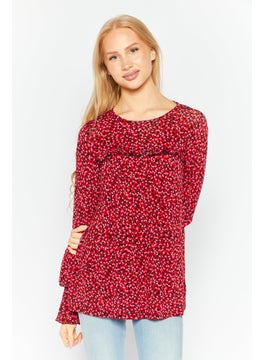 Buy Women Crew Neck Long Sleeves Allover Print Blouse, Red in UAE