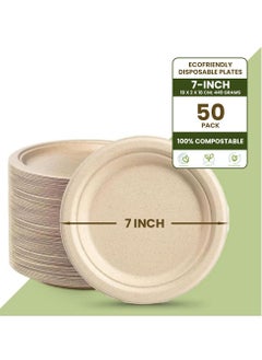 Buy Ecoway [7 Inch - Pack Of 50] Disposable Plates Made With Bagasse Sugar Canes Microwave & Freeze Safe, Compostable & Biodegradable Dinner Plates, Everyday Tableware Strong & Large Brown in UAE