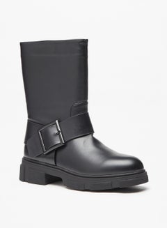 Buy Women Buckle Detail Boots with Block Heels and Zip Closure in UAE