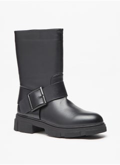 Buy Women Buckle Detail Boots with Block Heels and Zip Closure in UAE