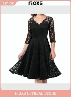 Buy Women's Elegant V Neck Lace Dress Three Quarter Sleeves Floral High Waist Cocktail Dress For Wedding Party And Special Occasions in UAE