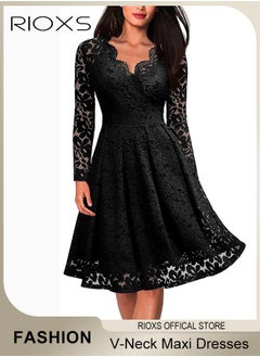 Buy Women's Elegant V Neck Lace Dress Three Quarter Sleeves Floral High Waist Vintage Floral Lace Swing Midi Bridesmaid Dresses For Wedding Cocktail Formal Party And Special Occasions in UAE