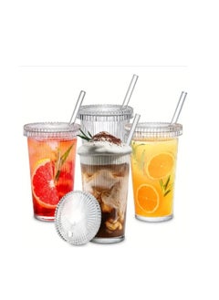 Buy Glass Cups with Lids and Straws, 12 oz Iced Coffee Cup for Coffee Bar Accessories, Ribbed Glasses Drinking Set of 4, Glass Tumbler with Straw and Lid for Home Decor,New year Gifts for Women in Saudi Arabia