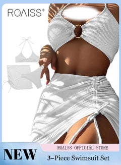 Buy 3 Pack Bikini Sets Halter Beachwear Ladies Tankini Swimsuit Hollow Out Beach Skirt Push Up Textured Ring Linked for Swimwear Solid Black in Saudi Arabia