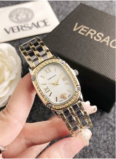 Buy Versace Women's Cubic Zirconia Classic Fashion Versatile Rectangle Quartz Watch, Paired with Gold and Silver Spliced Stainless Steel Strap, 26mm White dial in UAE