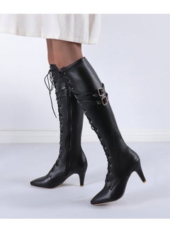 Buy Women's Block Heeled Knee High Boots, Fashion Lace Up Side Zipper Boots, Stylish Point Toe Faux Leather Boots in UAE