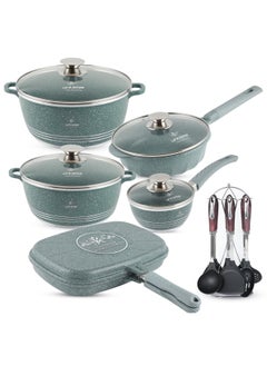 Buy Cookware Set Granite Non-Stick 100% PFOA Free Induction Base 17 pieces Pots and Pans Set with Lid Include Casseroles, Saute Pan, Sauce Pan, Double Grill Pan, Cooking Utensils in UAE