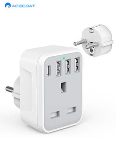 Buy UK to European Travel Adaptor with 4 USB Ports(1 USB C), Grounded EU Euro Europe to UK Power Plug Adapter for Germany Spain France Iceland Greece Poland Netherlands Austria Turkey etc (Type E/F) in Saudi Arabia