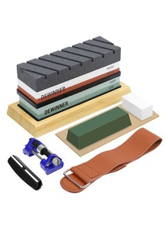 Buy Knife Sharpening Stone Includes 4 Side Grit 400/1000 3000/8000 with Non-Slip Bamboo Base, Angle Guide, Polishing Compound, Leather Strop, Flattening Kit in Saudi Arabia